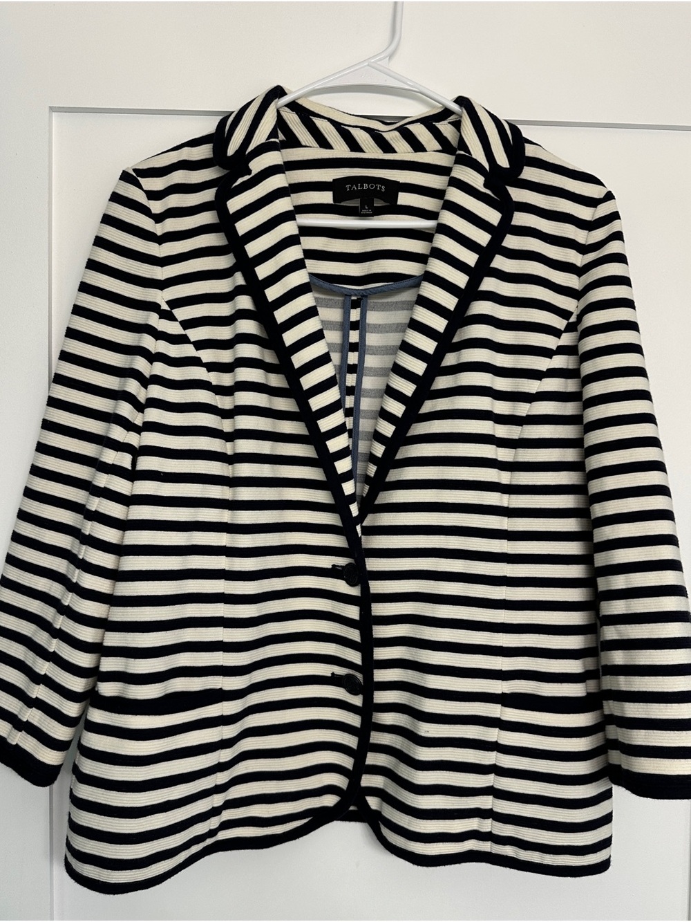 Talbots Navy White Striped Blazer Jacket Coat 3/4 Sleeves Large L Nautical Women - Picture 11 of 11